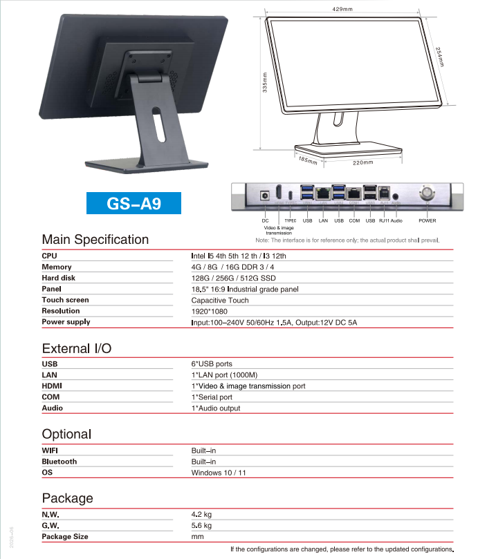 A9 18.5inch pos spec